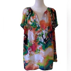 Worthington 1x blouse short sleeves floral lightweight colorful pink blue white